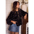 HOLIDAY CHRISTMAS RIBBON EMBELLISHED VELVET TOP
