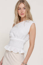 Asymmetrical Off The Shoulder Smocking Linen Effect Top