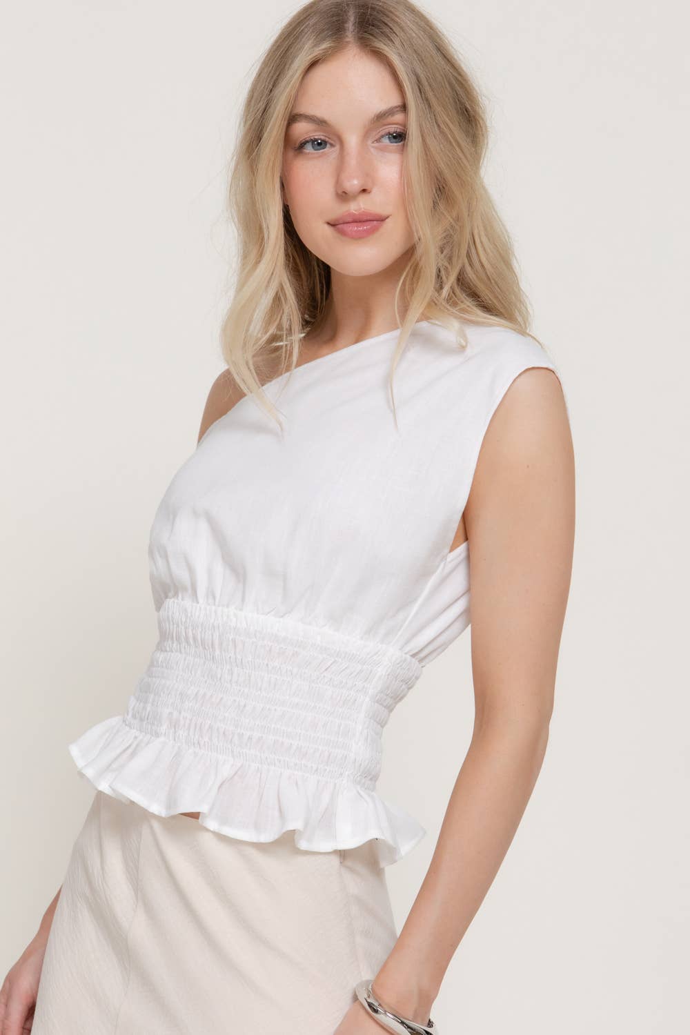 Asymmetrical Off The Shoulder Smocking Linen Effect Top