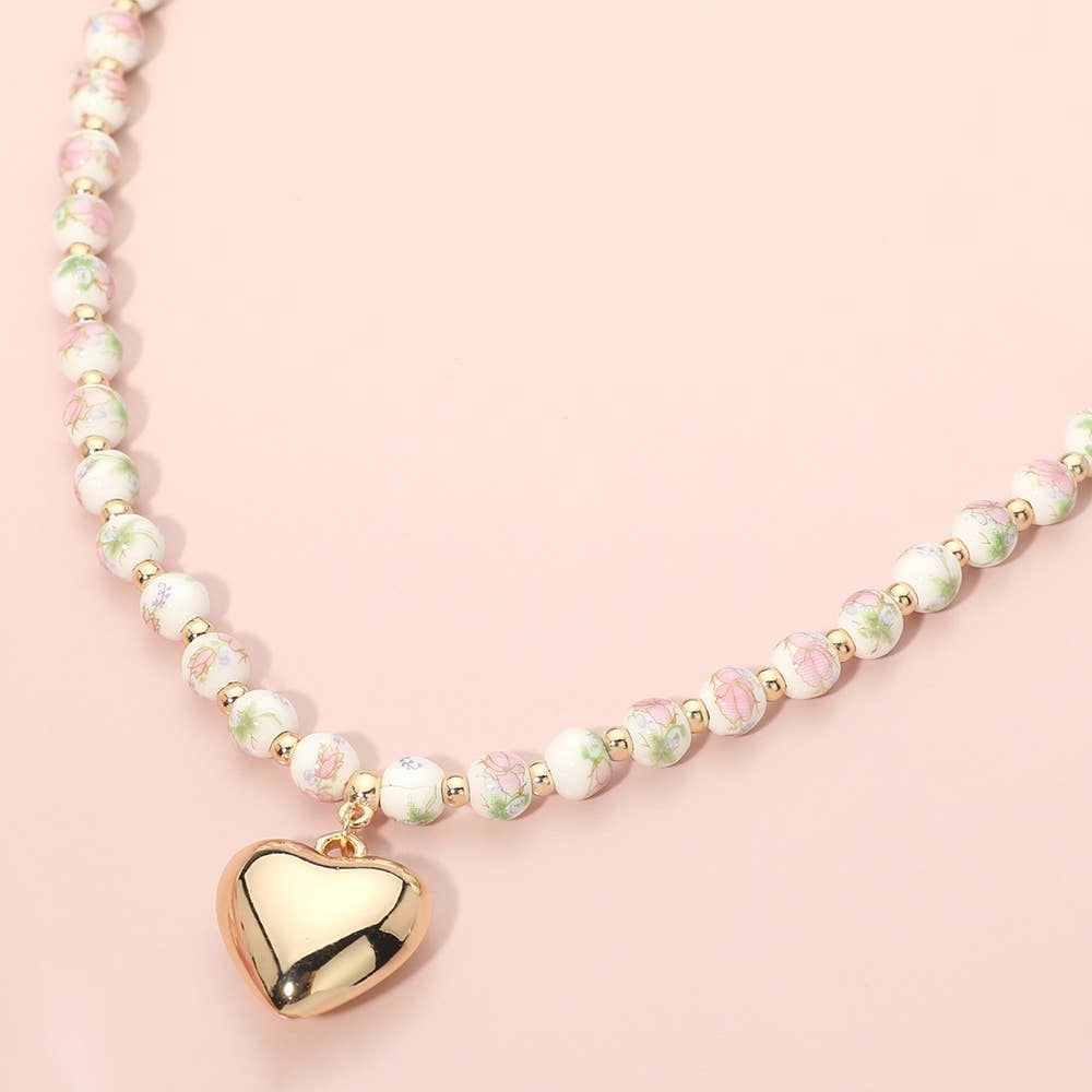 Floral Ceramic Ball Beaded Heart Pendant Necklace