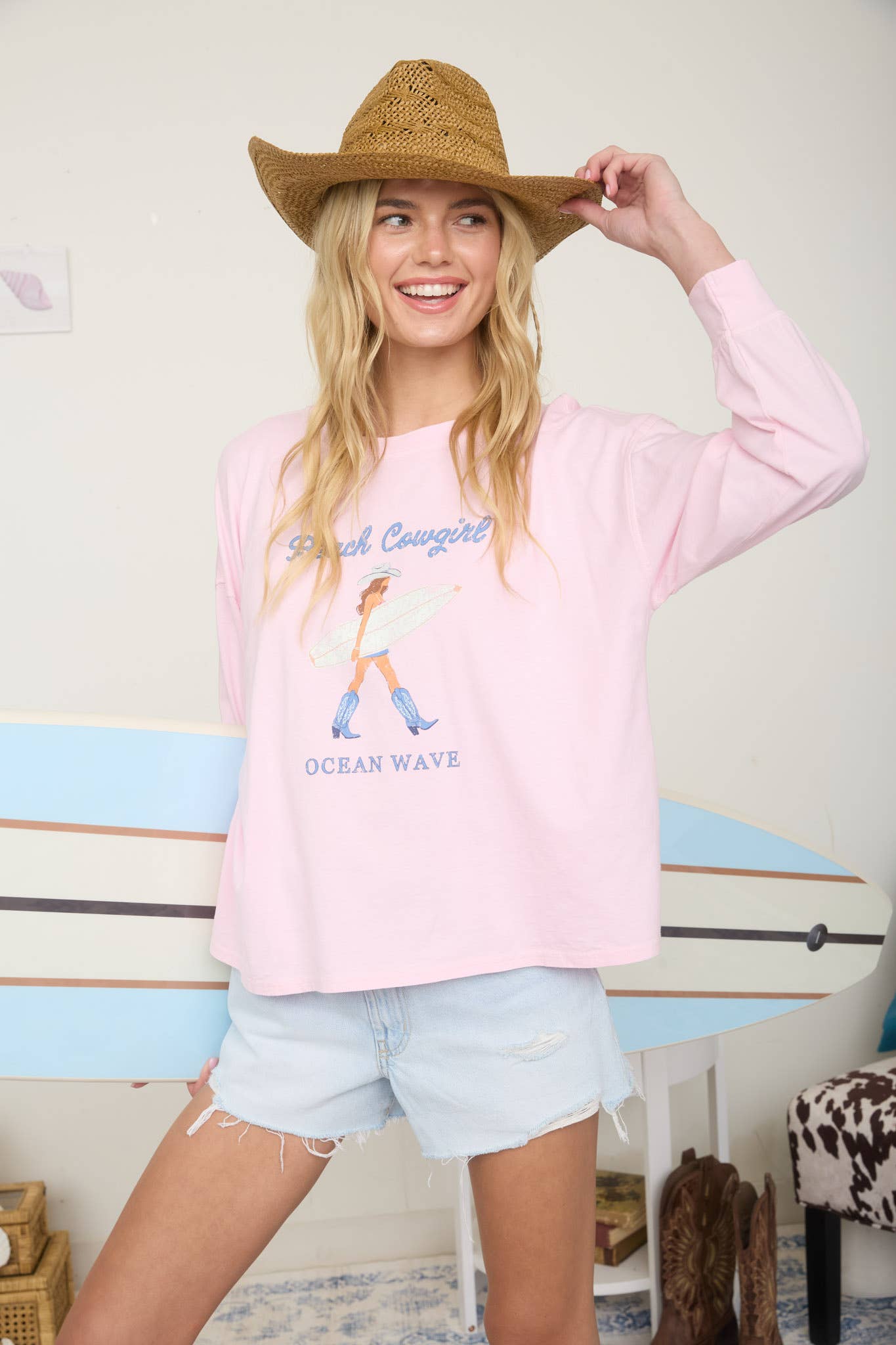 BEACH COWGIRL LONG SLEEVE KNIT TOP: LIGHT PINK