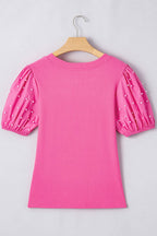 Ribbed Pearl Beaded Bubble Sleeve Top | S-XL