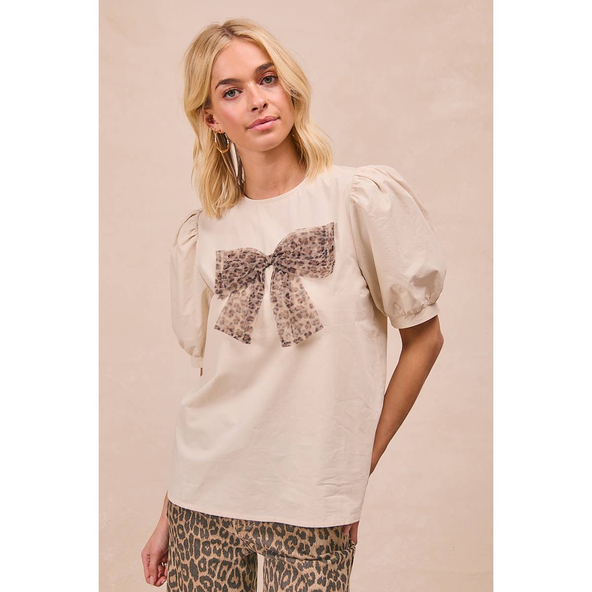 SOLID WOVEN LEOPARD MESH BOW PATCHED PUFF SLEEVES TOP-BACK K