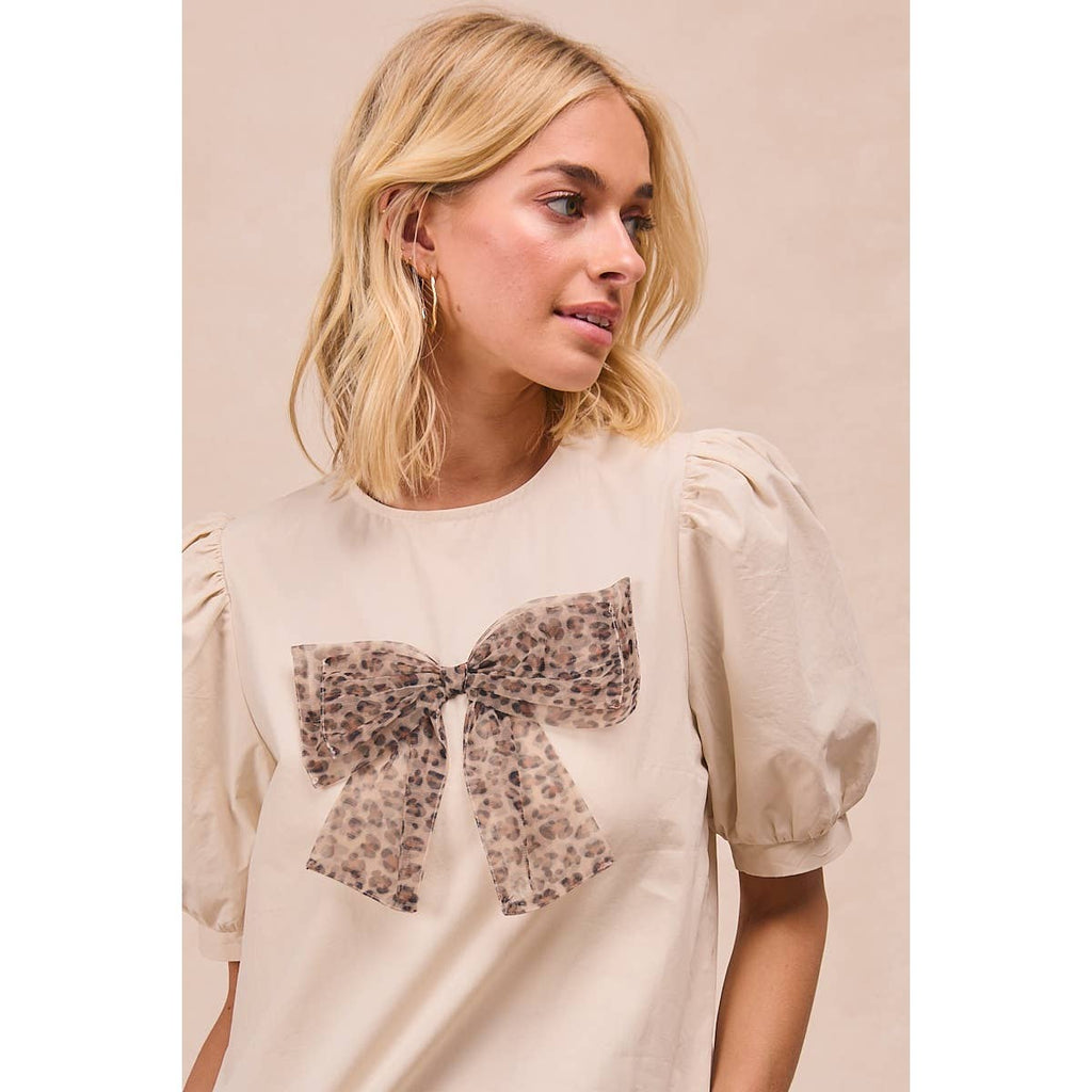 SOLID WOVEN LEOPARD MESH BOW PATCHED PUFF SLEEVES TOP-BACK K