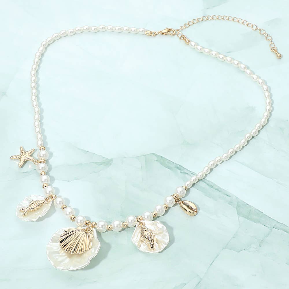 Ocean Inspired Seashell Starfish Charm Station Pearl Beaded Necklace