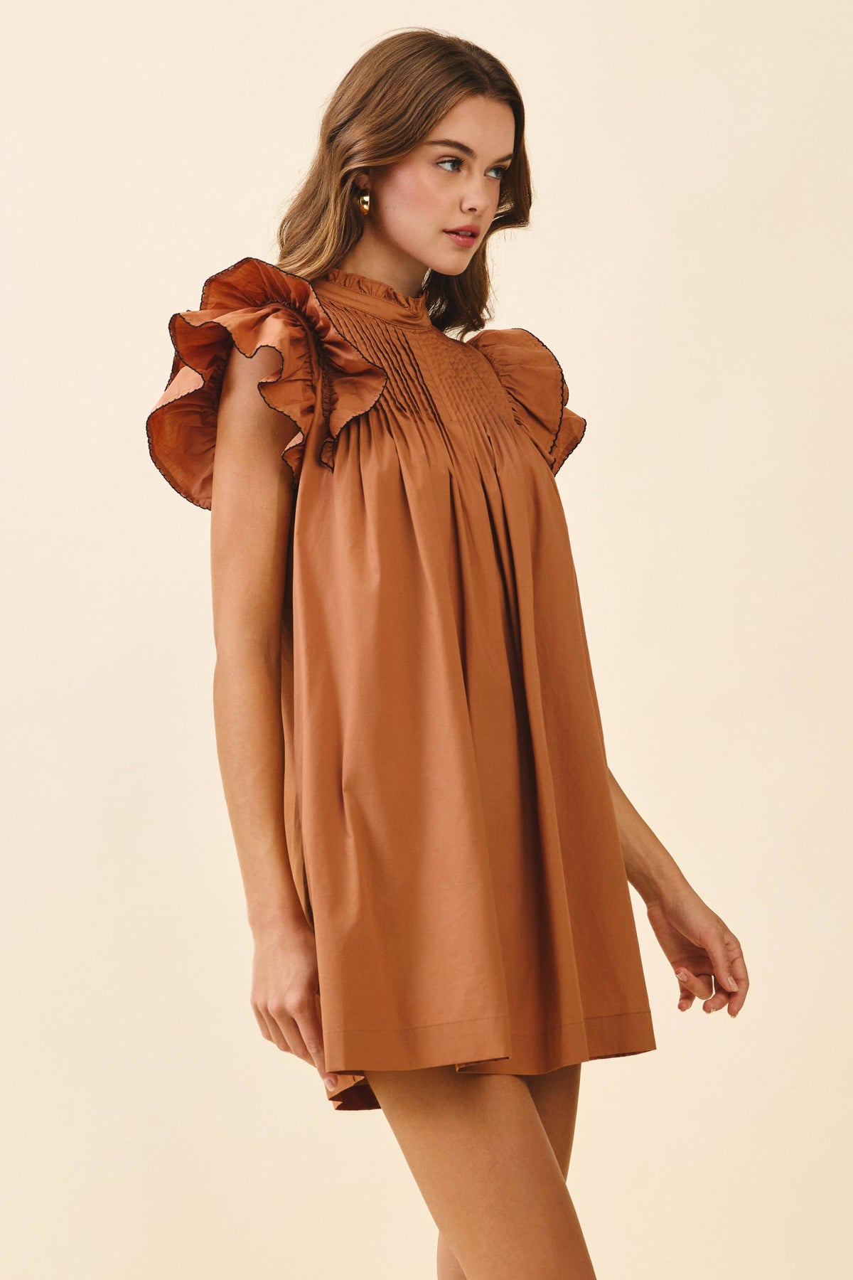 CD06395-Back Button Down High Neck Babydoll Mini Dress