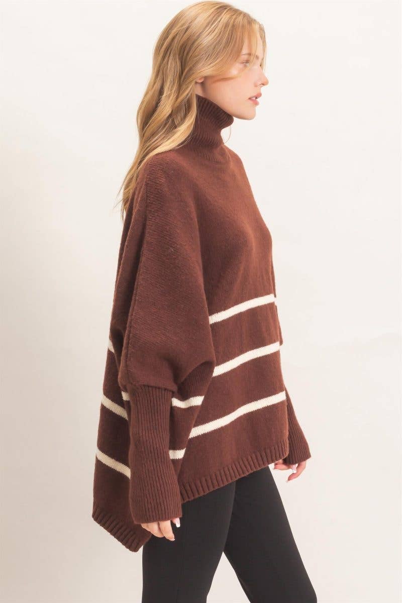 Striped Turtleneck Poncho Sweater