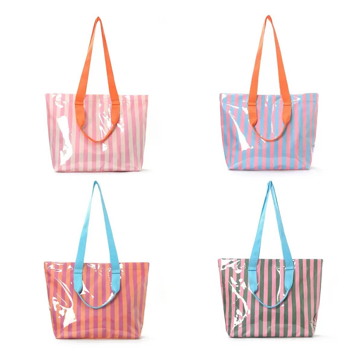 Large Striped Vinyl Tote Bags with Shoulder Strap | 40P619