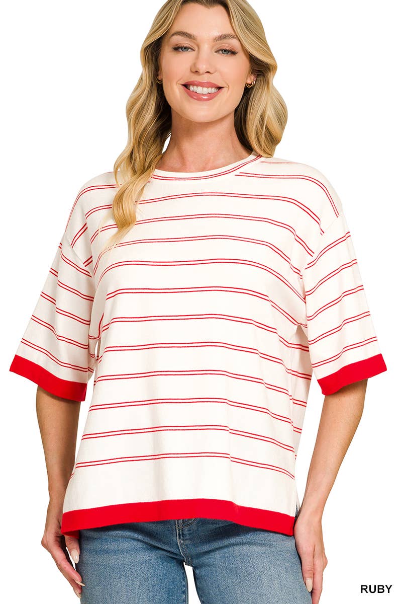 Oversized Viscose Stripe Short Sleeve Sweater