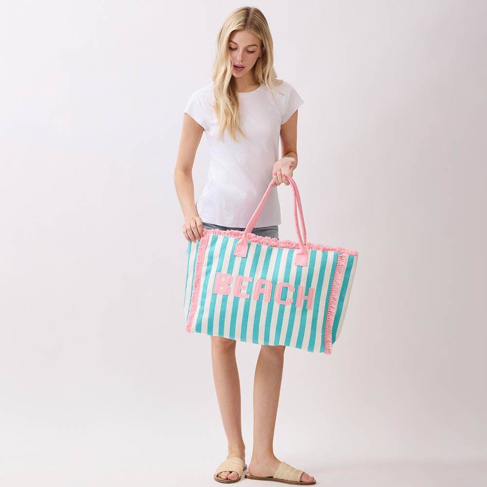 BEACH Letter Embroidery Terry Cloth Frayed Striped Shoulder Tote Bag