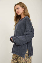 WASHED RAW EDGE CREW NECK DROP SLEEVE SWEATER