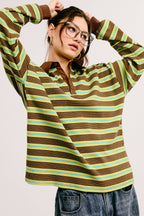 Multicolor Stripe Oversized Long Sleeve Polo Shirt