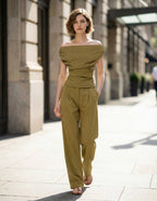 0224 Woven Off Shoulder Top & Pants Set SI-29533