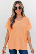 Waffle Texture V Neck Short Sleeve Knit Top | S-XL