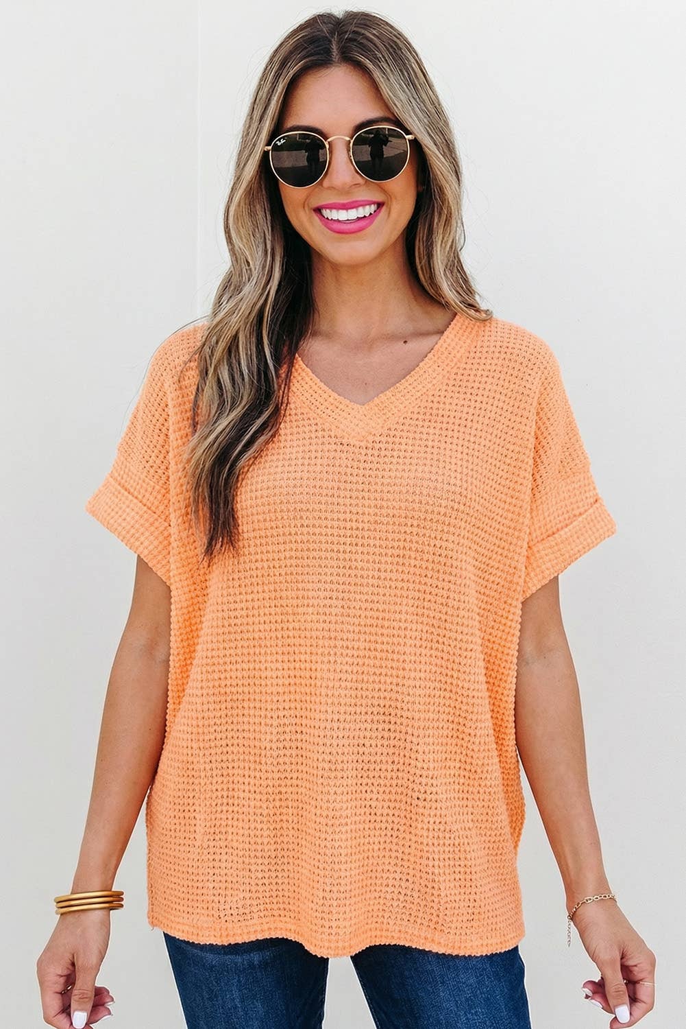 Waffle Texture V Neck Short Sleeve Knit Top | S-XL