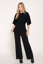 Elbow Sleeve Round Neck Brushed Knit Top with Flared Hem