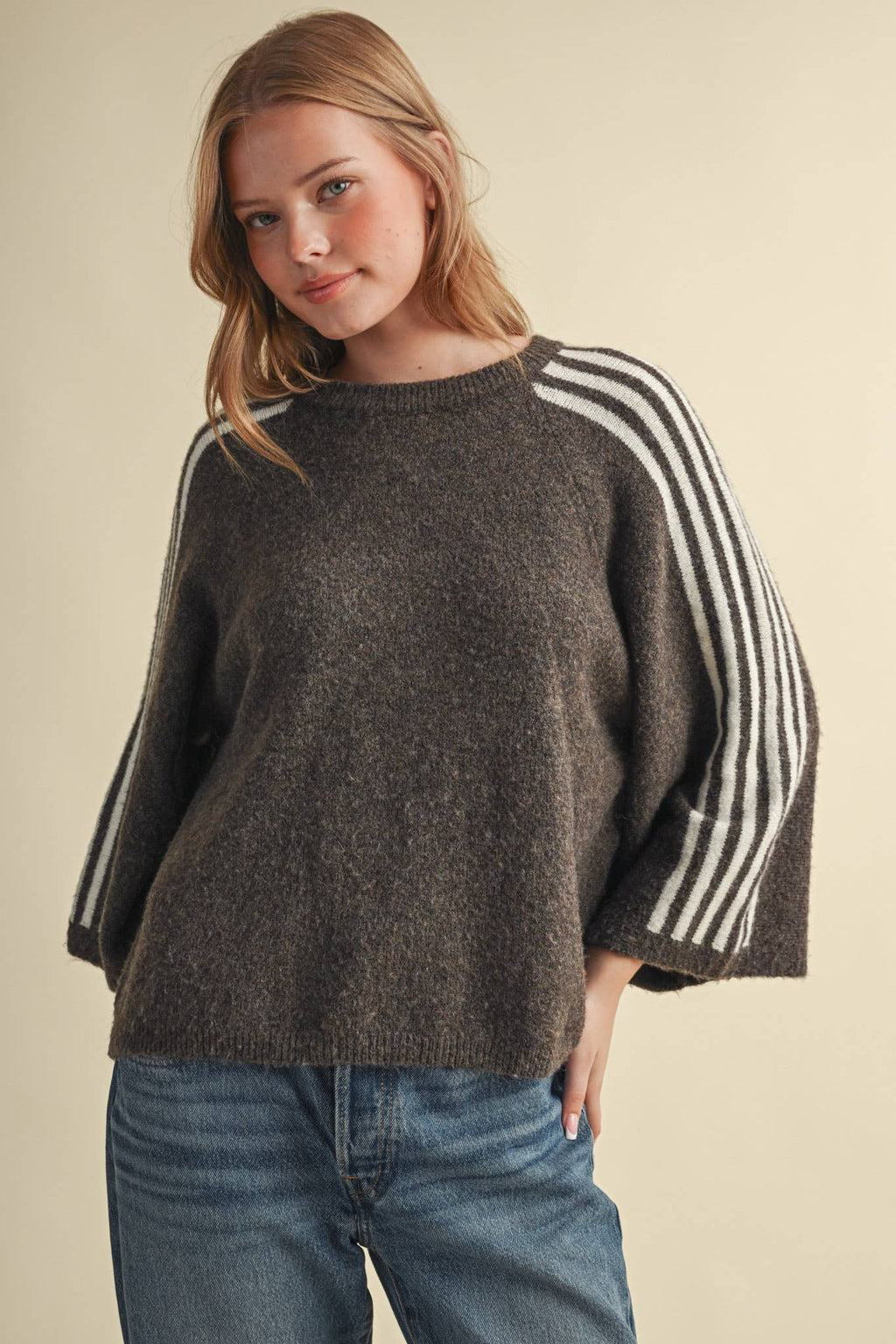 STRIPED 3/4 SLEEVE SWEATER MSW11585