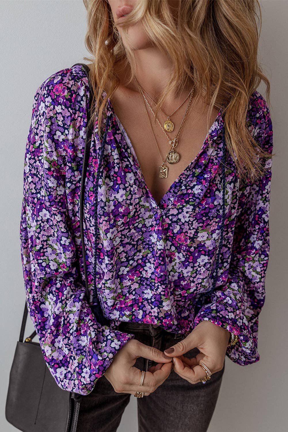Boho Flower V-Neck Bubble Sleeve Top