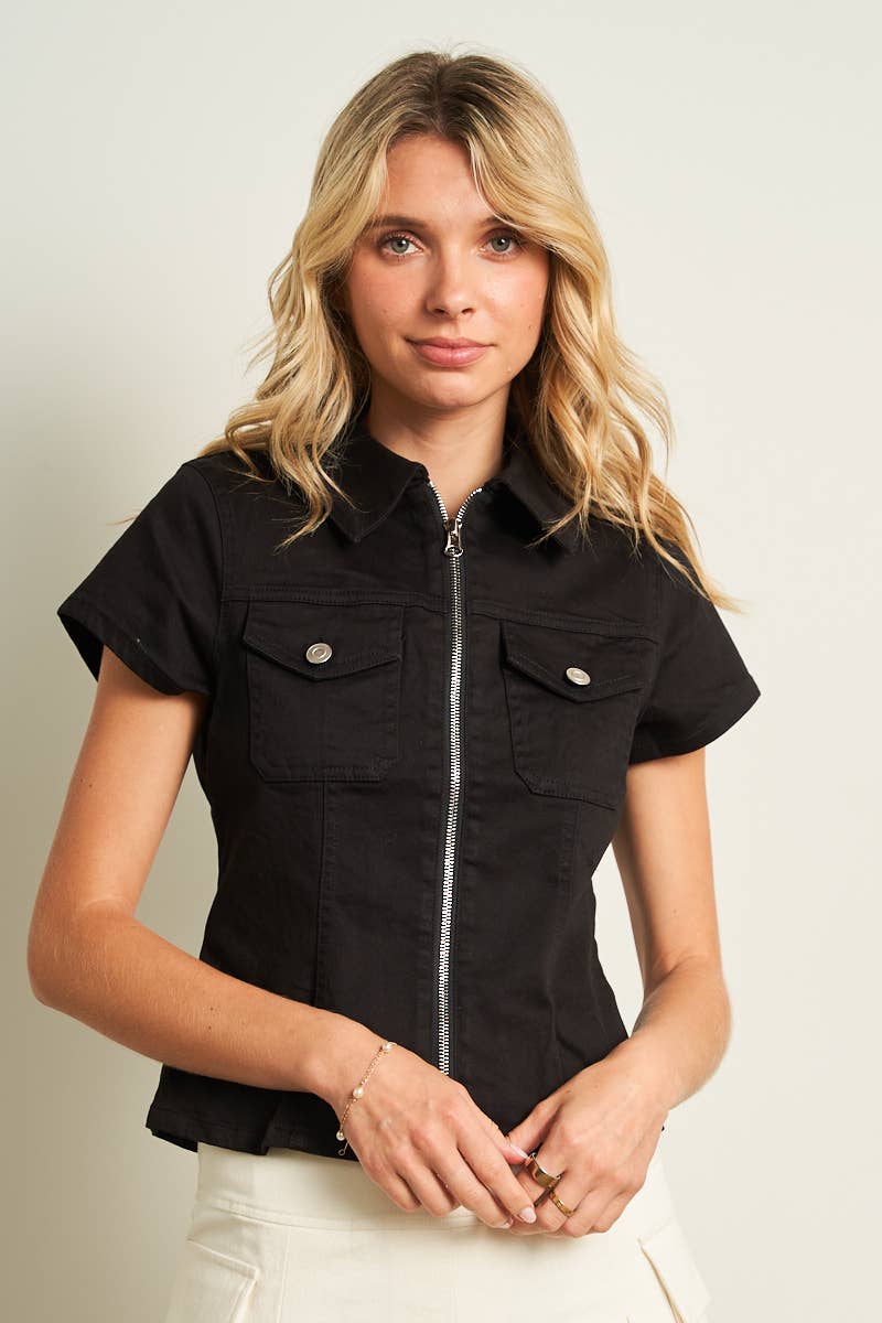 11221S-2WAY OPEN ZIPPER FITTED COLOR DENIM SHIRTS