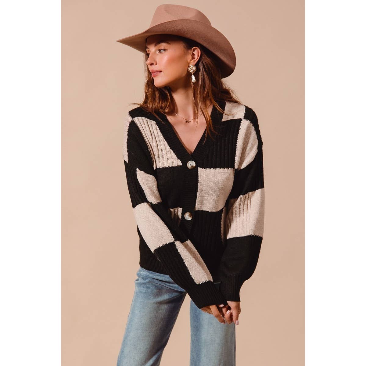 CHECKERED BUTTON FRONT TEXTURED SWEATER CARDIGAN