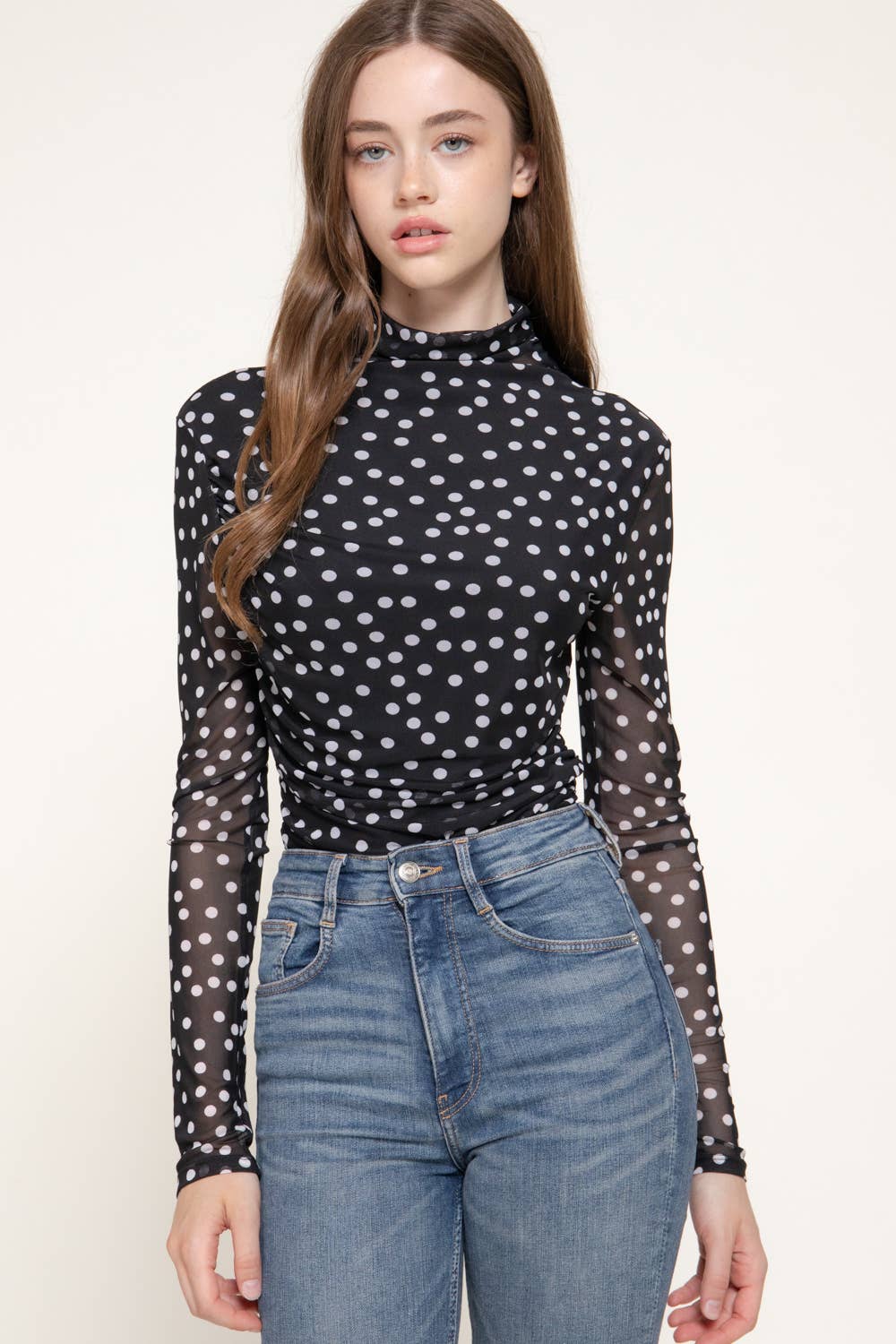 Long Sleeve High Neck Ruched Dot Print Mesh Top