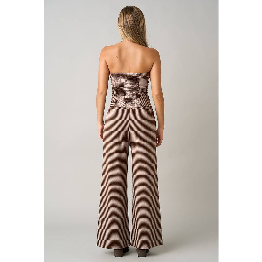 STRIPED PRINT SMOCKED BACK TUBE TOP AND PANTS SET