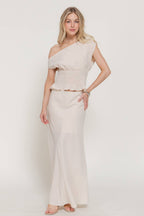 Asymmetrical Off The Shoulder Smocking Linen Effect Top