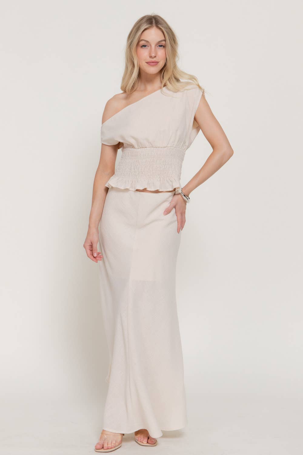 Asymmetrical Off The Shoulder Smocking Linen Effect Top