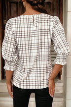 White Plaid Print Frilled Puffy Half Sleeve Blouse