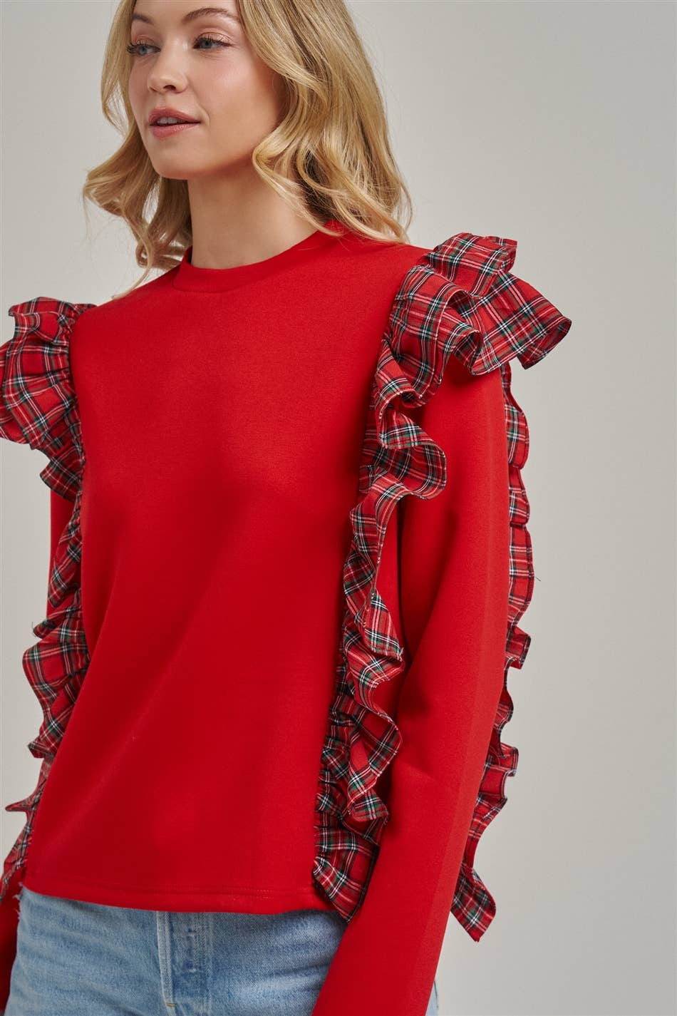 CHRISTMAS HOLIDAY BRUSHED TERRY TOP WITH PLAID_JLT00439-01