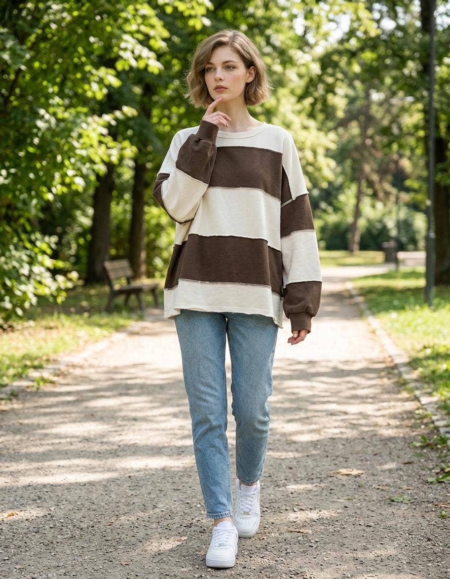 French Terry Color Block Exposed Seam Oversized Top
