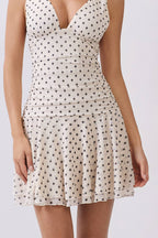 LD57530P - PRINTED V-NECK W/SIDE RUCHED FLARE MINI DRESS