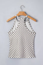 Checker Ribbed Knit Halter Tank Top