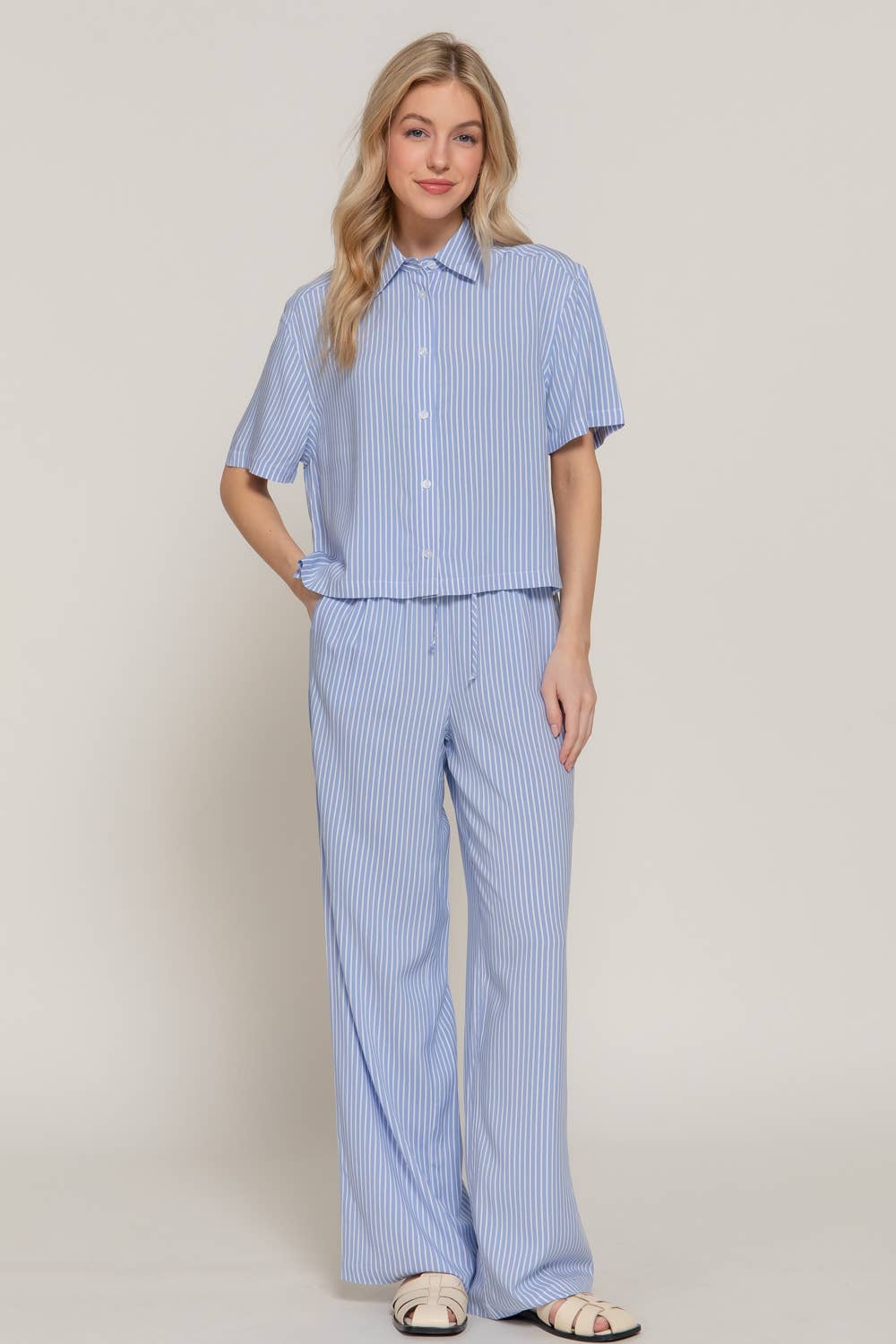 Waist Band with String Stripe Print Woven Pants