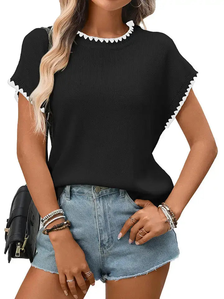 Knit Contrast Trim Short Sleeve Tee Casual Top
