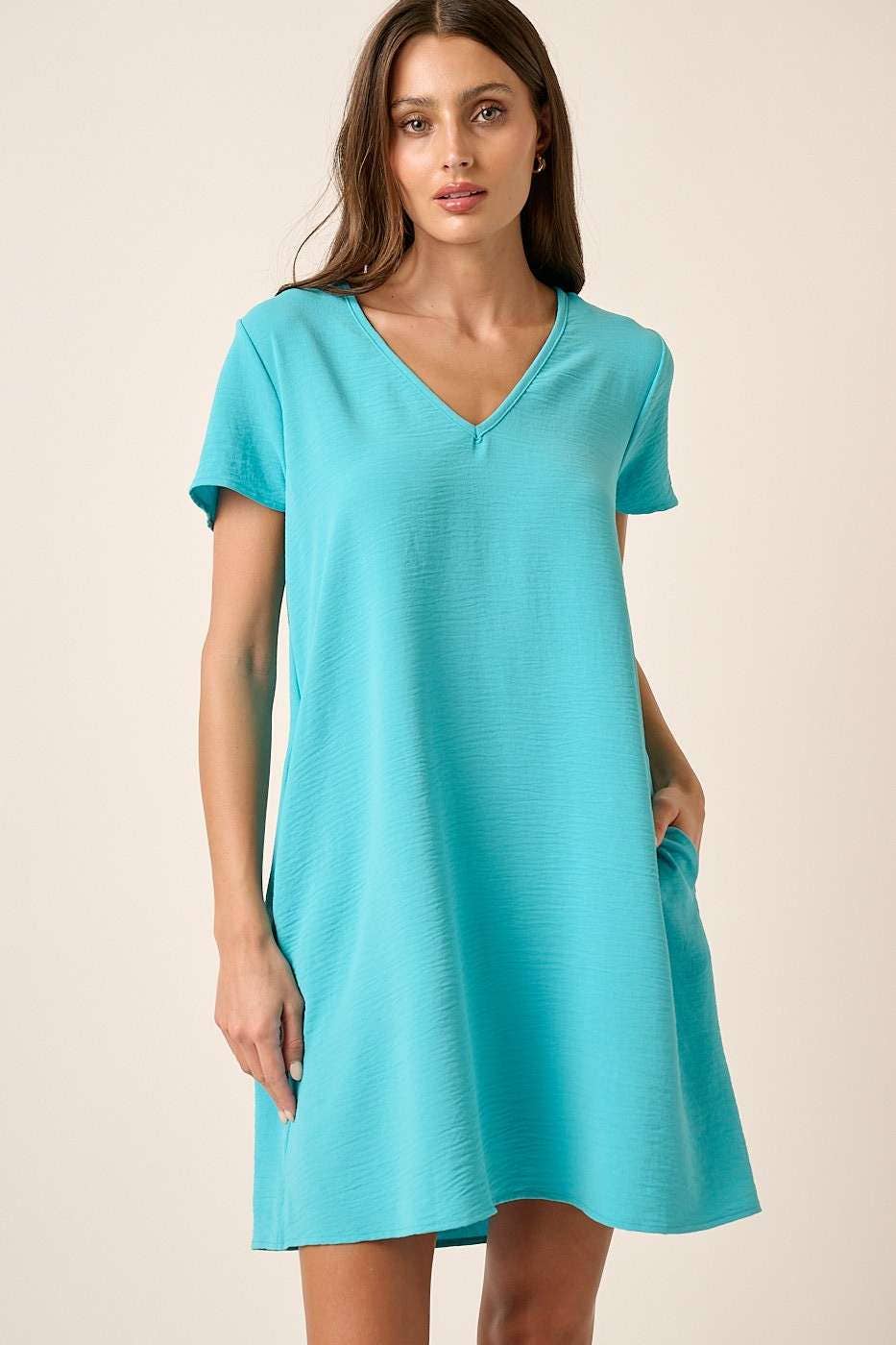 CD1565-AIRFLOW V-NECK SHORT SLEEVE SHIFT DRESS