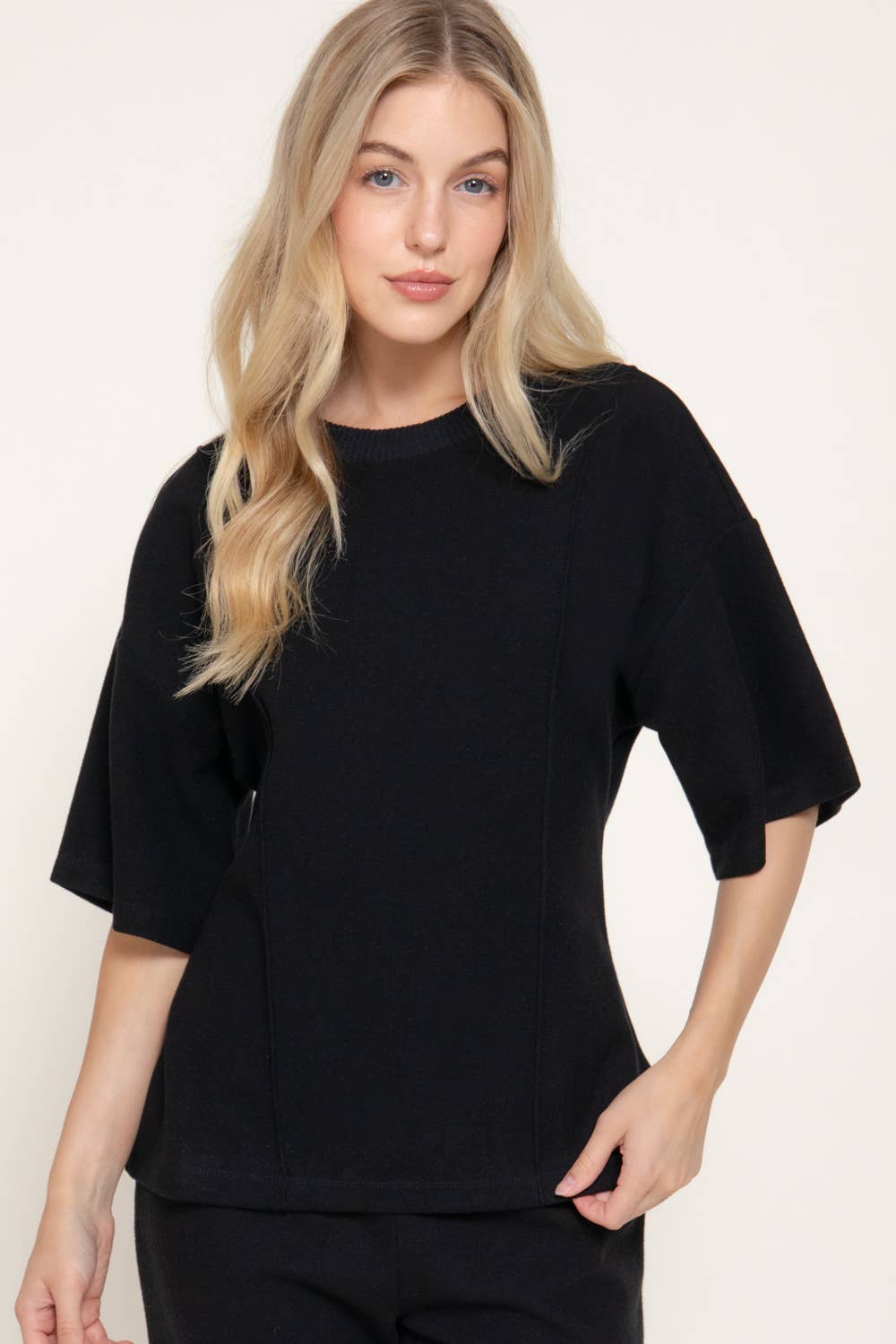 Elbow Sleeve Round Neck Brushed Knit Top with Flared Hem