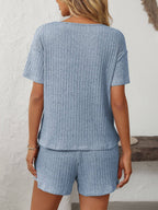 Solid Color Ribbed Short-Sleeve Pajama Loungewear Set