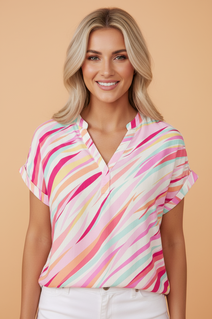 PRETTY BASH Abstract High Low Short Sleeve Blouse