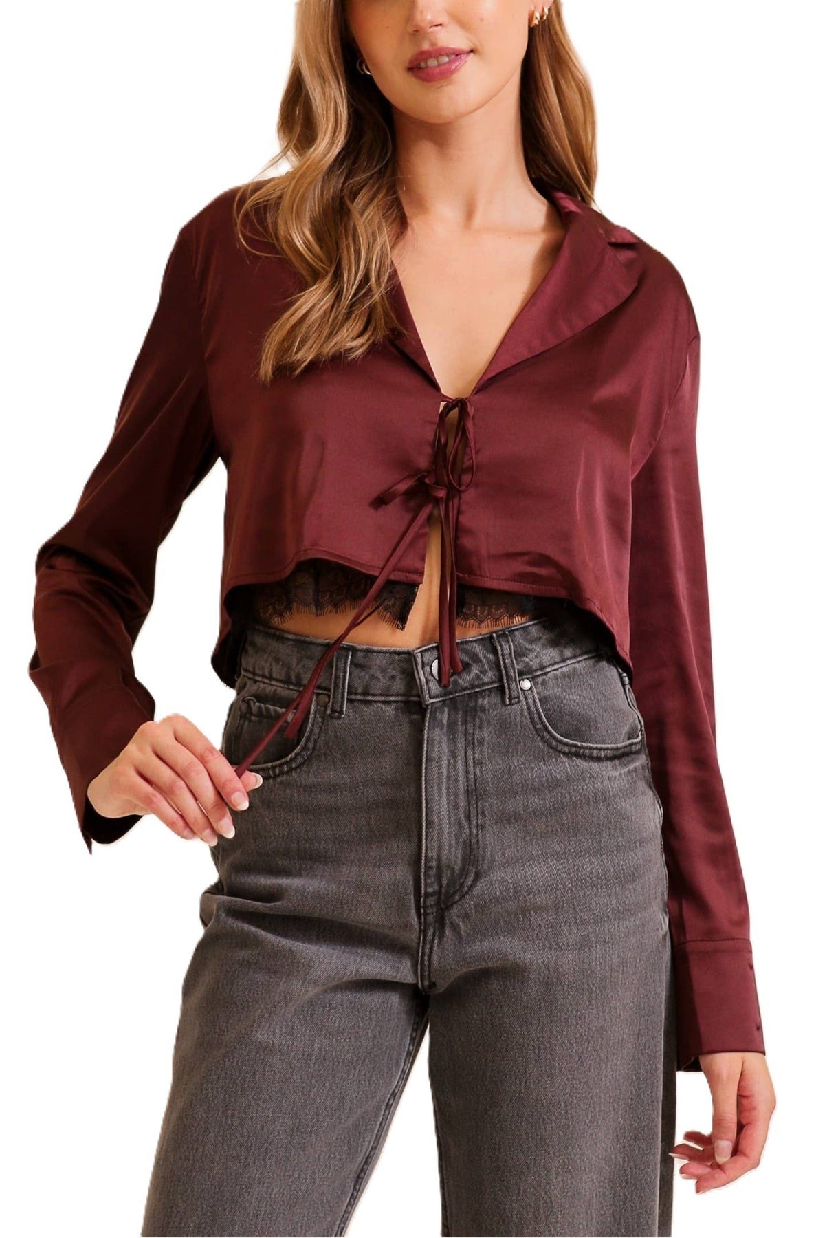 Satin Tie-front Cropped Blazer Top
