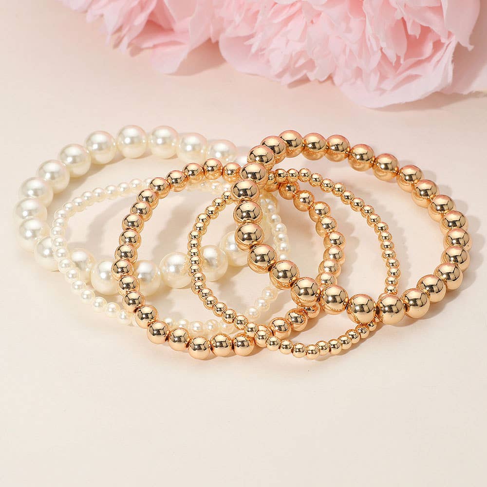 5PCS - Pearl Metal Ball Beaded Stretch Multi Layered Bracelets