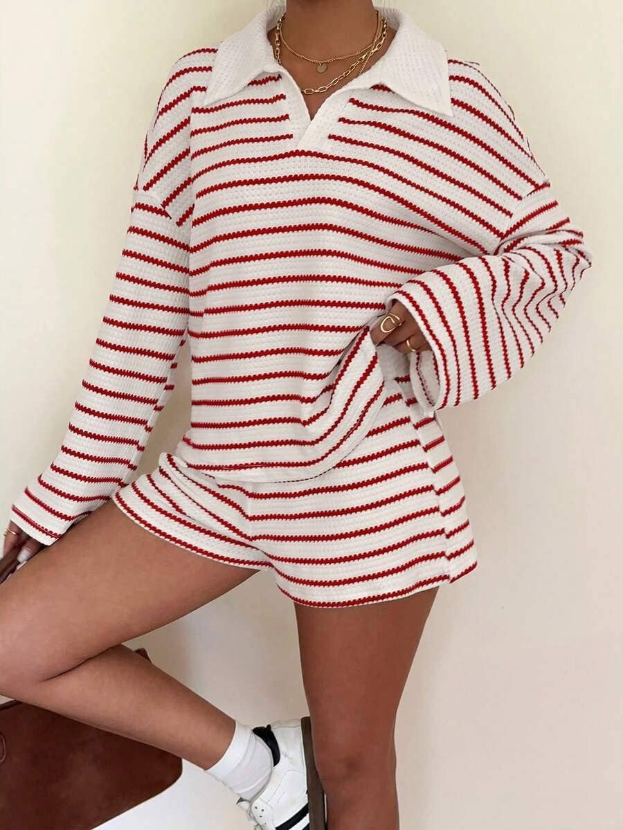 Striped Polo Lounge Set Resort Textured Collared Oversized