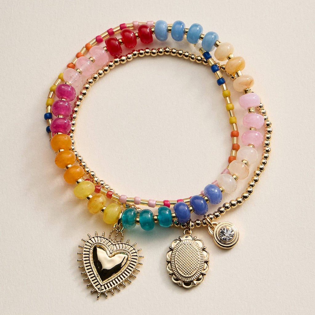 Beaded Heart Charm Stretch Bracelet Set | 3-Piece Layered Stack with Gold Accents