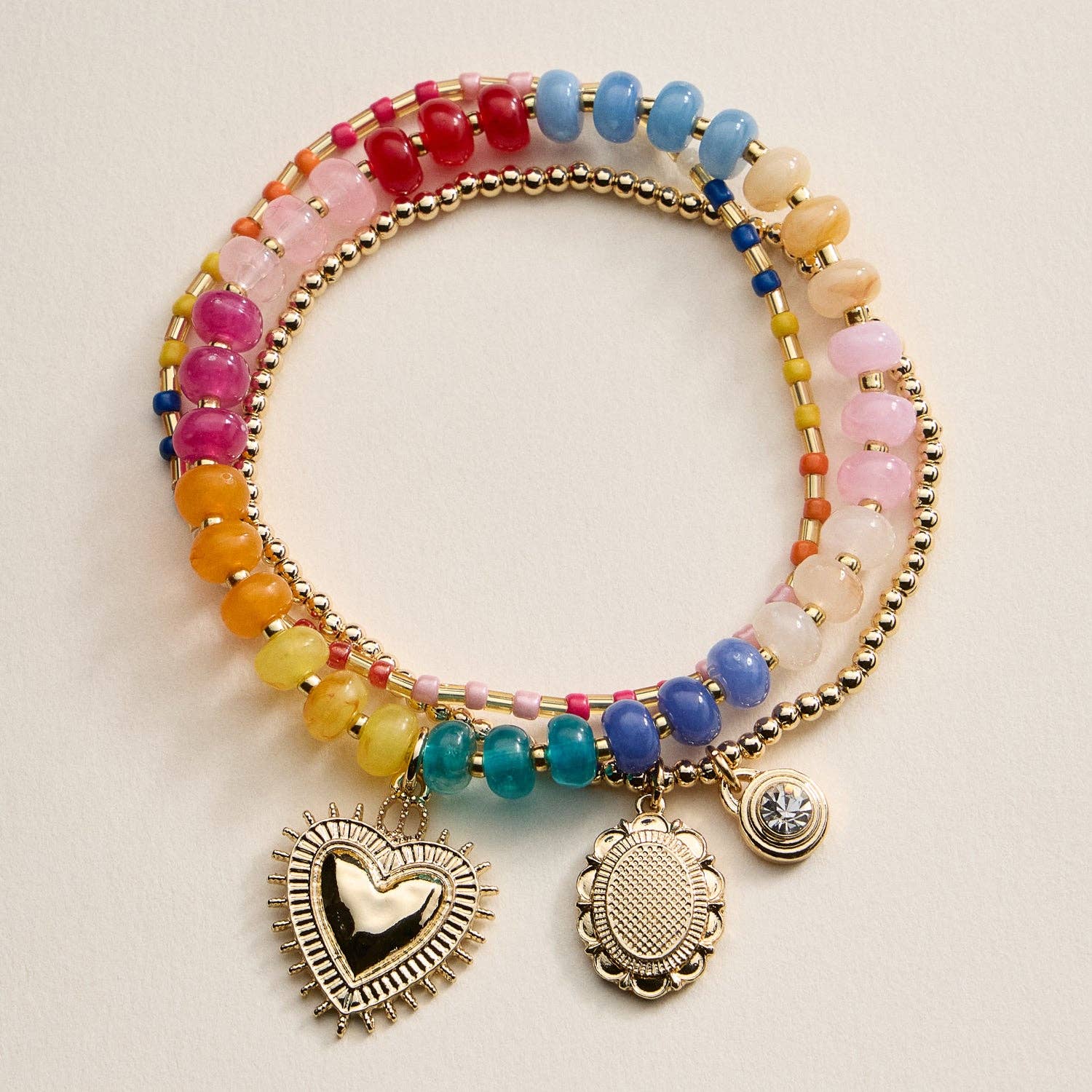 Beaded Heart Charm Stretch Bracelet Set | 3-Piece Layered Stack with Gold Accents