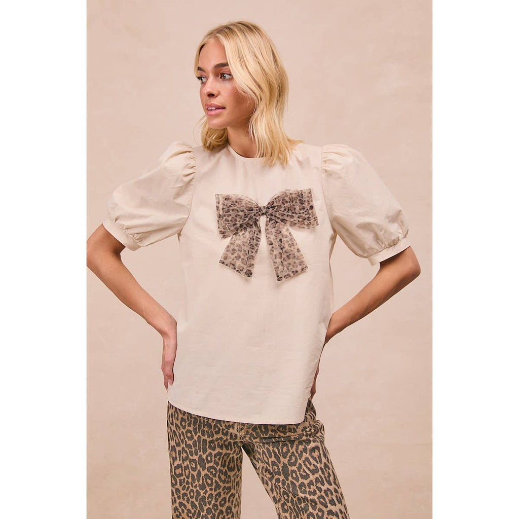 SOLID WOVEN LEOPARD MESH BOW PATCHED PUFF SLEEVES TOP-BACK K