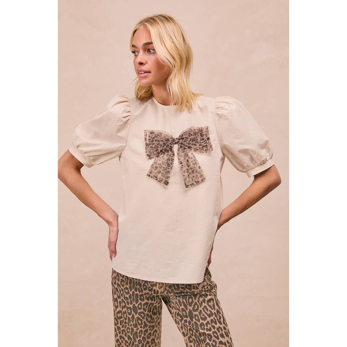 SOLID WOVEN LEOPARD MESH BOW PATCHED PUFF SLEEVES TOP-BACK K