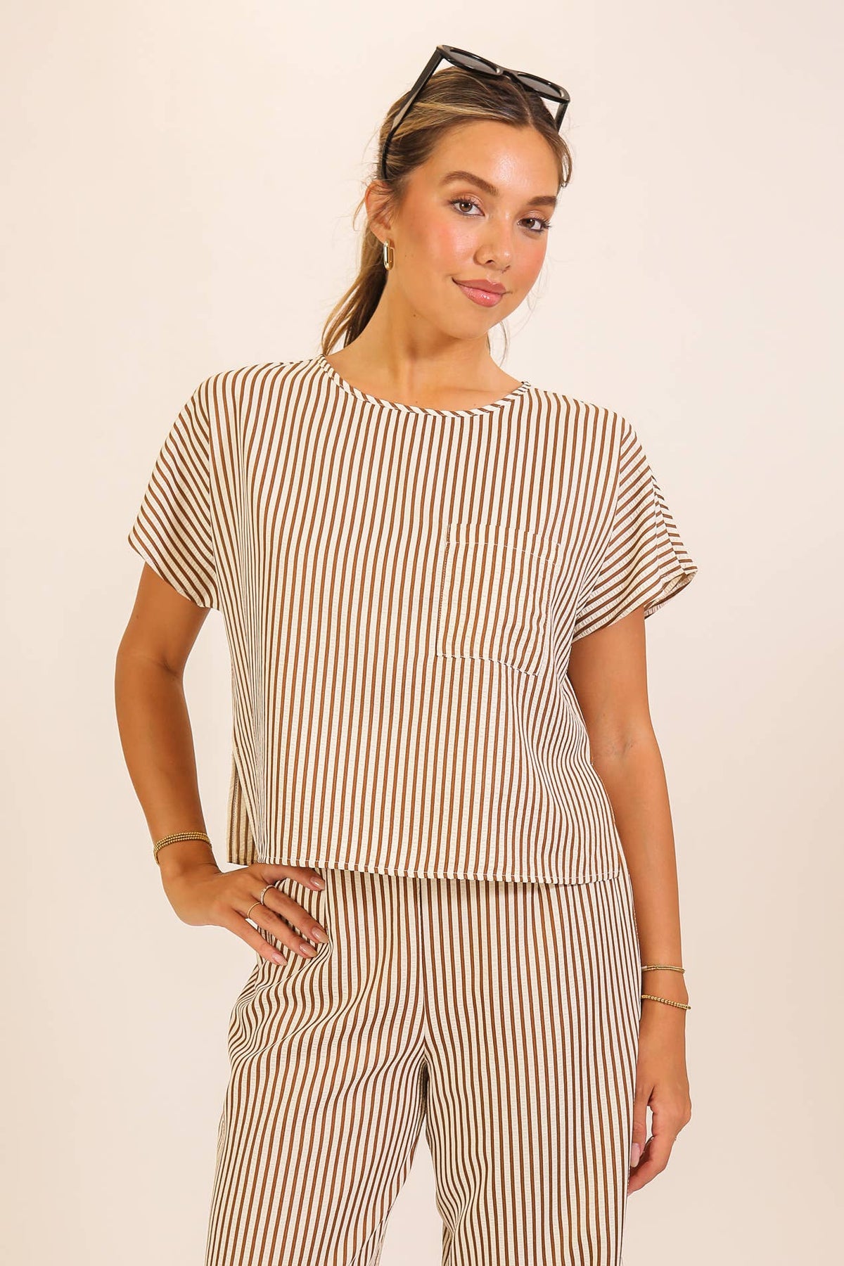 Striped Textured Top & Wide Leg Pant Set