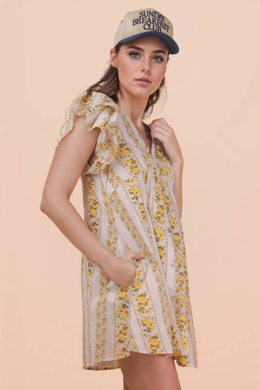ND31775-Button Down Printed Ruffle Sleeve Mini Dress