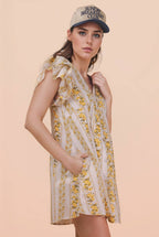 ND31775-Button Down Printed Ruffle Sleeve Mini Dress