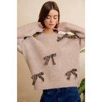 LEOPARD BOW ACCENT SOFT KNIT PULLOVER SWEATER